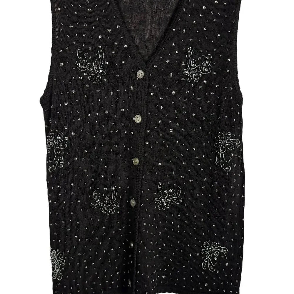 DKNY Vintage Sequin Beaded Embroidered Knit Sweater Vest Large Ugly Xmas Sweater